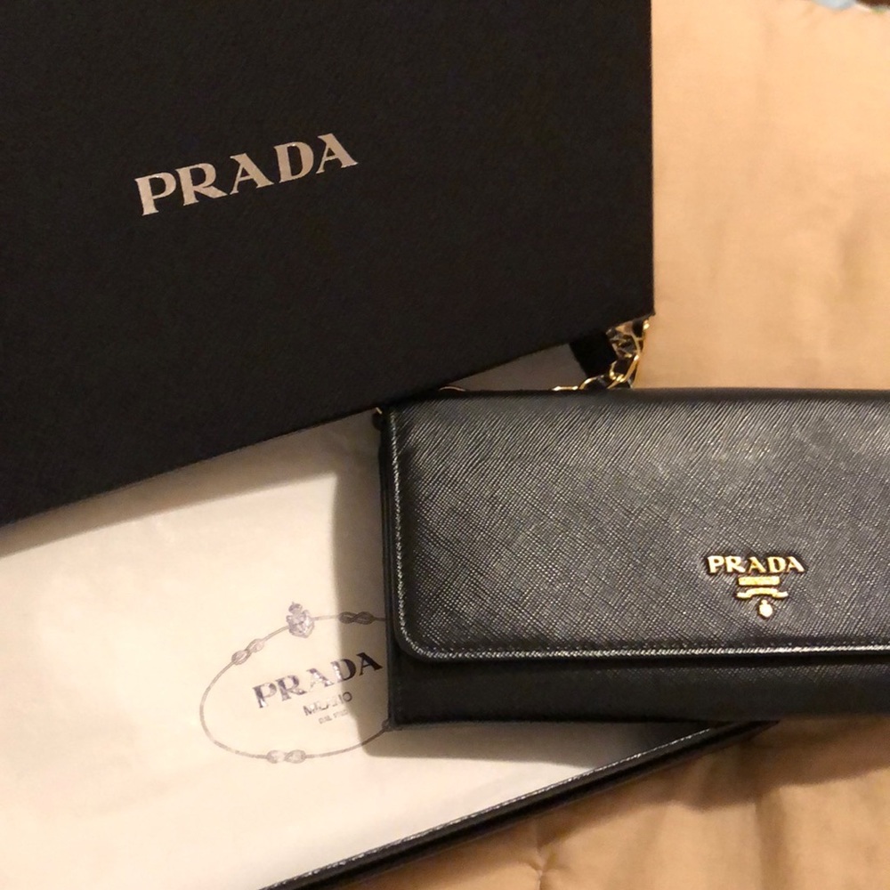 Prada Saffiano Leather Wallet on Chain in Black